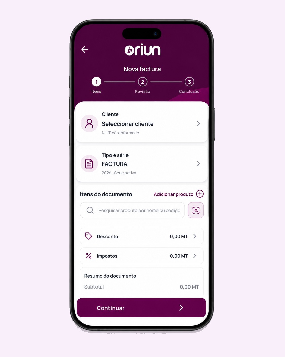 Fluxo real de nova factura no Oriun Vendas
