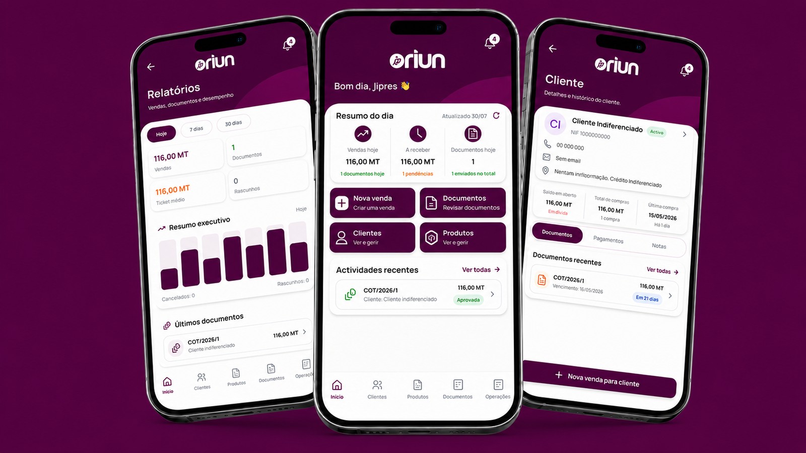 Três iPhones com ecrãs reais do Oriun Vendas: relatórios, dashboard e cliente