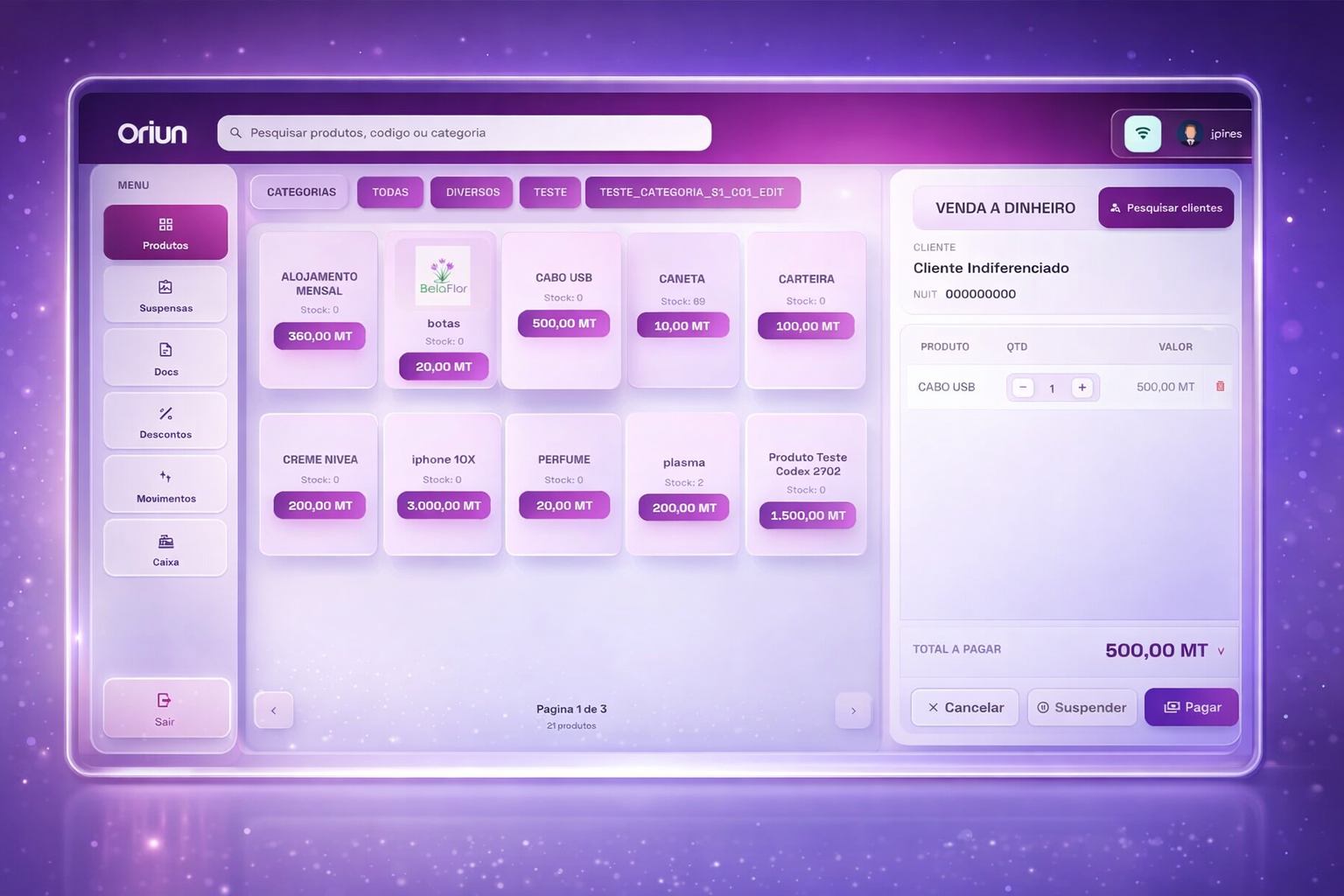 POS Oriun com artigo no carrinho e total a pagar em destaque
