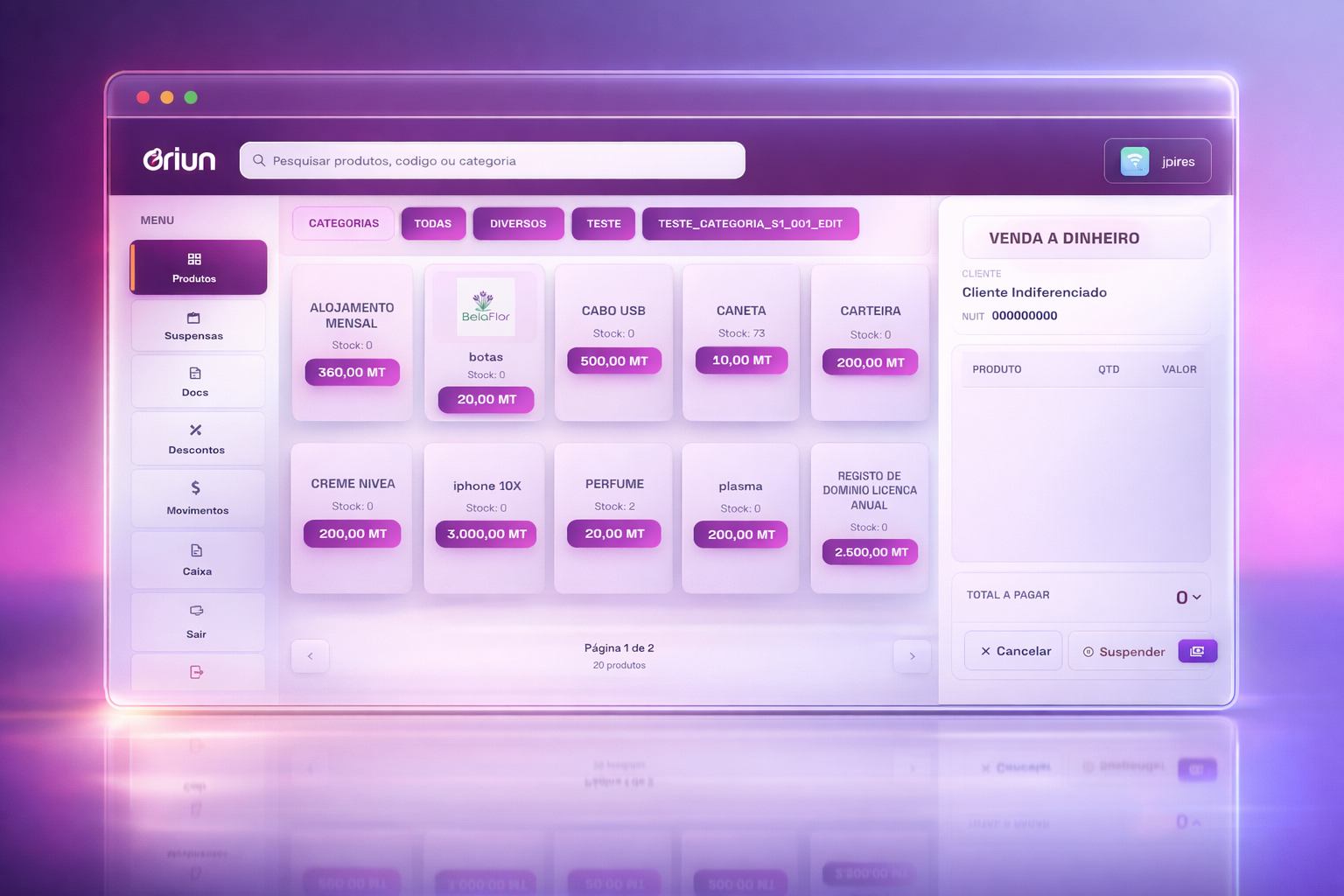 Hero visual do POS Oriun com catálogo, cliente e painel de pagamento